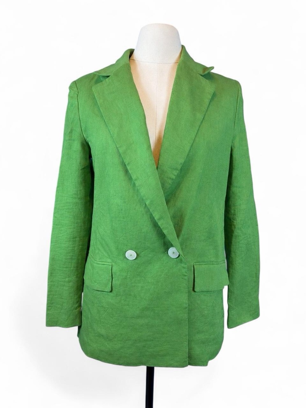 Mango Bright Green Double-Breasted Linen Blazer